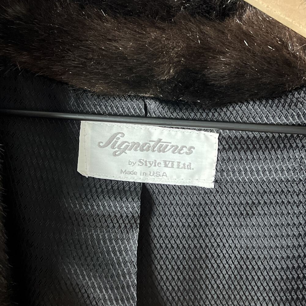 80s vintage black brown minimalist classic faux fur long winter coat - Picture 6 of 8